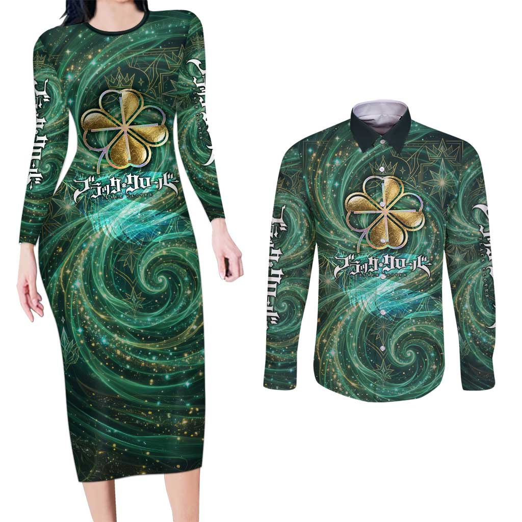 Yuno Black Clover Couples Matching Long Sleeve Bodycon Dress and Long Sleeve Button Shirt Magical Fantasy Style with Emerald Wind Swirls