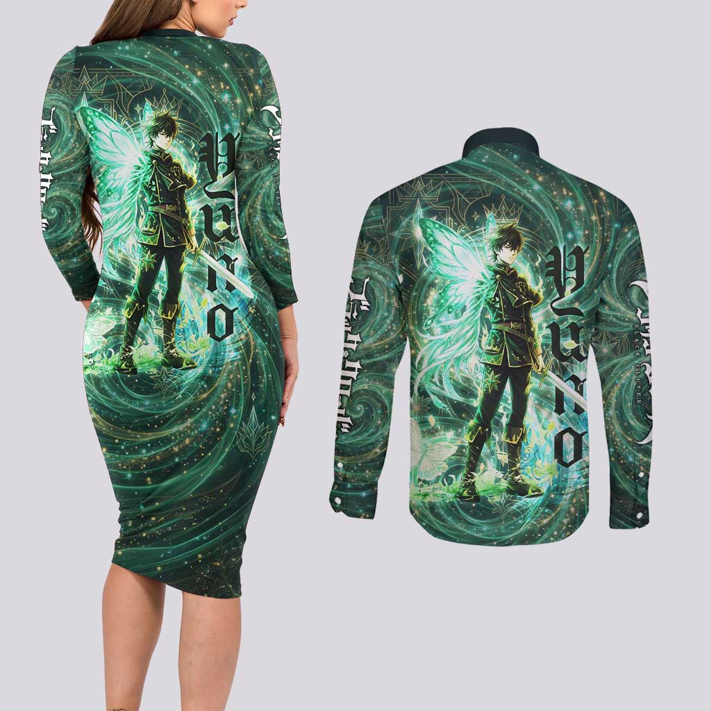 Yuno Black Clover Couples Matching Long Sleeve Bodycon Dress and Long Sleeve Button Shirt Magical Fantasy Style with Emerald Wind Swirls