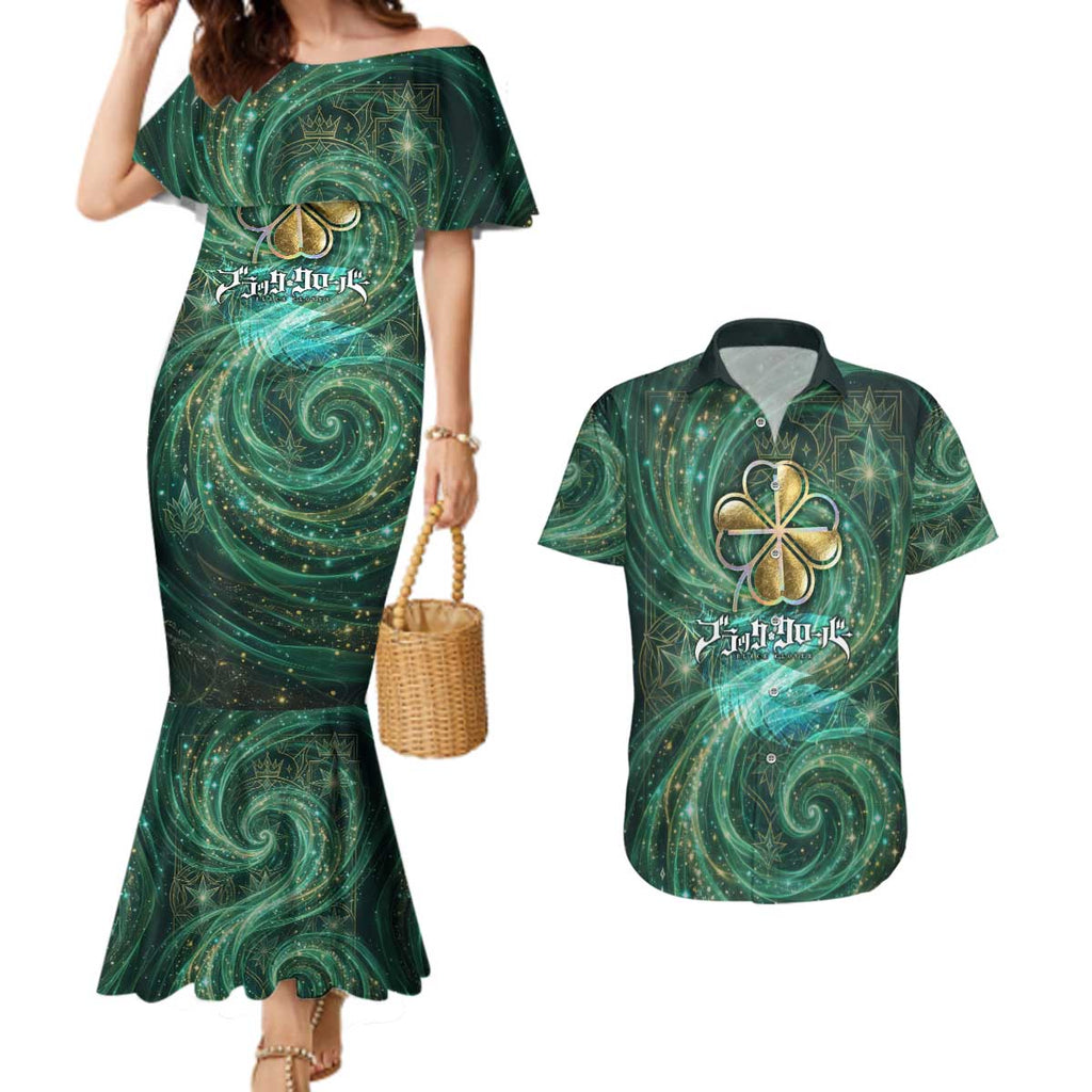 Yuno Black Clover Couples Matching Mermaid Dress and Hawaiian Shirt Magical Fantasy Style with Emerald Wind Swirls