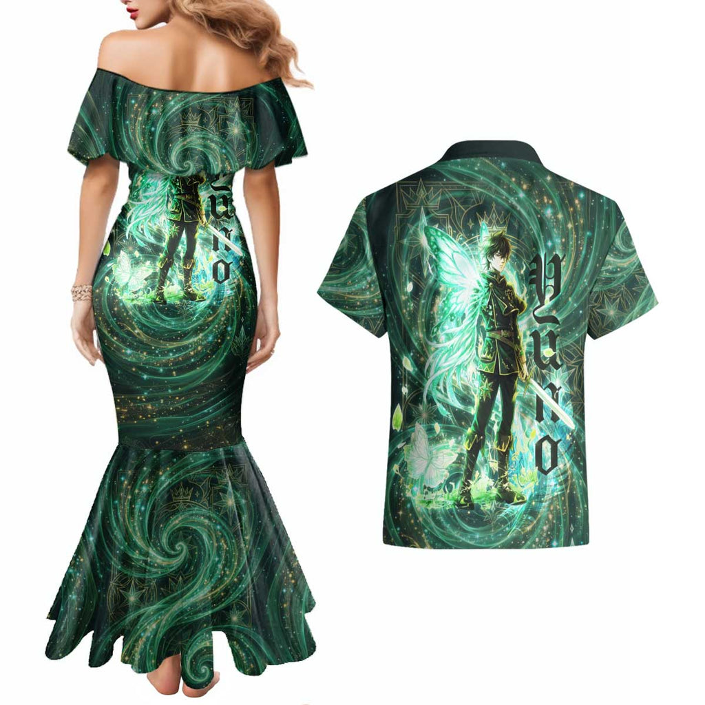 Yuno Black Clover Couples Matching Mermaid Dress and Hawaiian Shirt Magical Fantasy Style with Emerald Wind Swirls