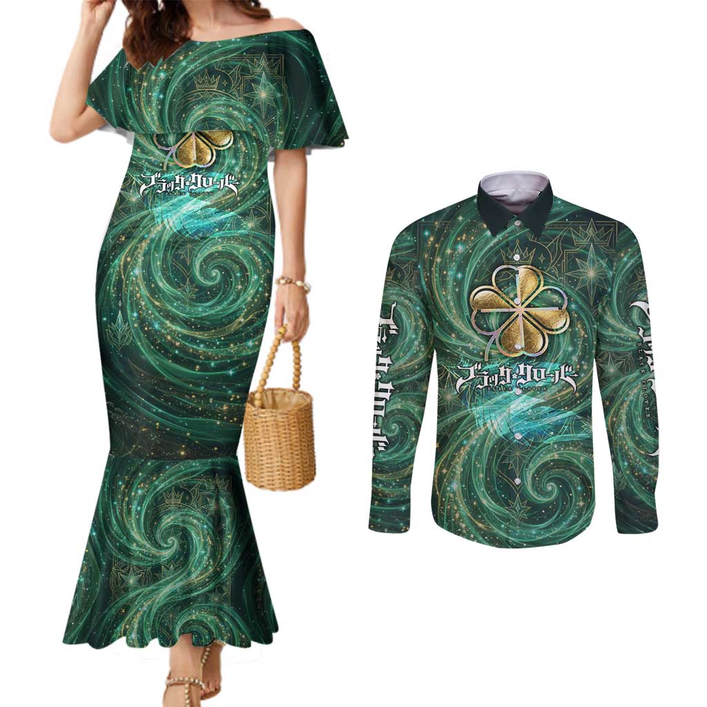 Yuno Black Clover Couples Matching Mermaid Dress and Long Sleeve Button Shirt Magical Fantasy Style with Emerald Wind Swirls