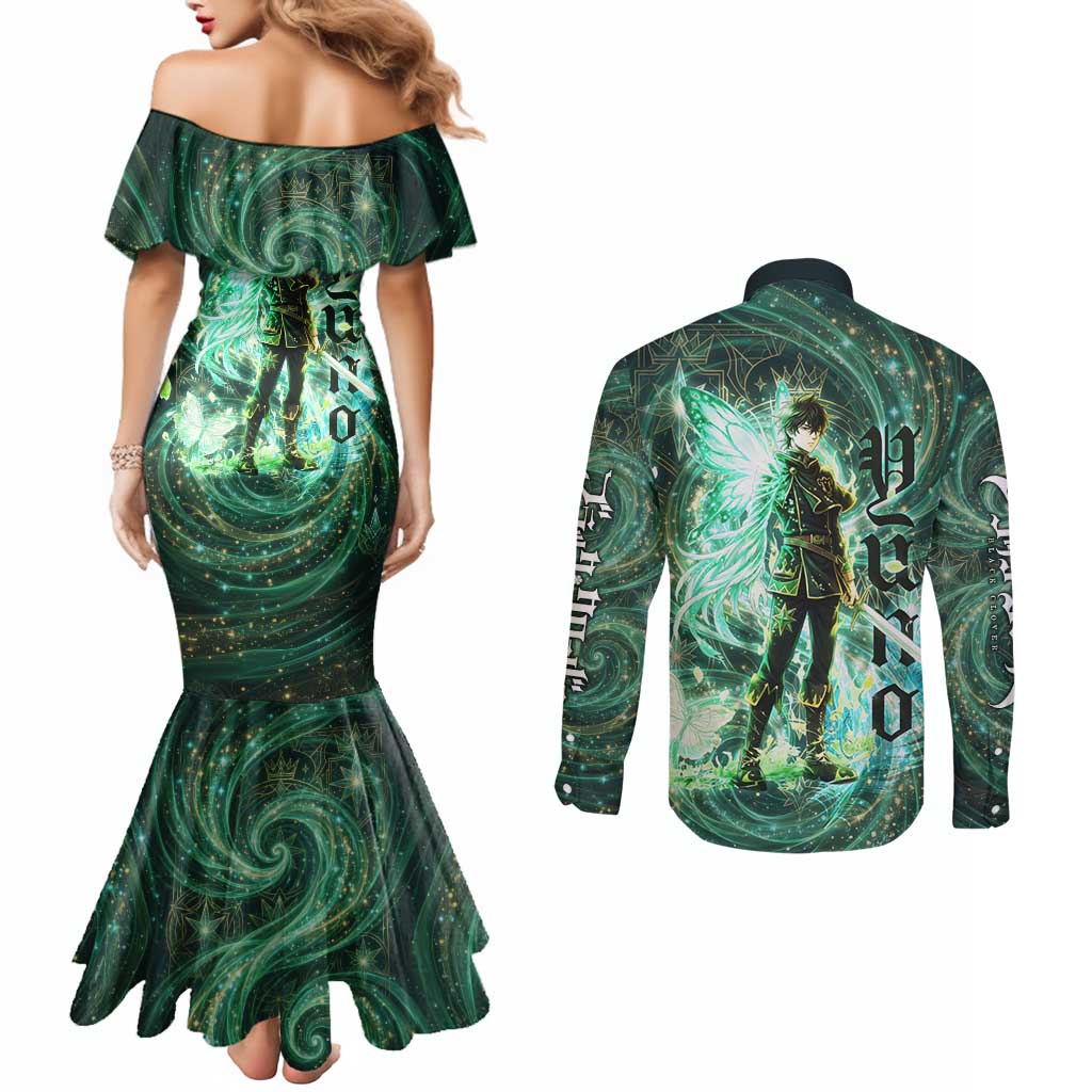 Yuno Black Clover Couples Matching Mermaid Dress and Long Sleeve Button Shirt Magical Fantasy Style with Emerald Wind Swirls