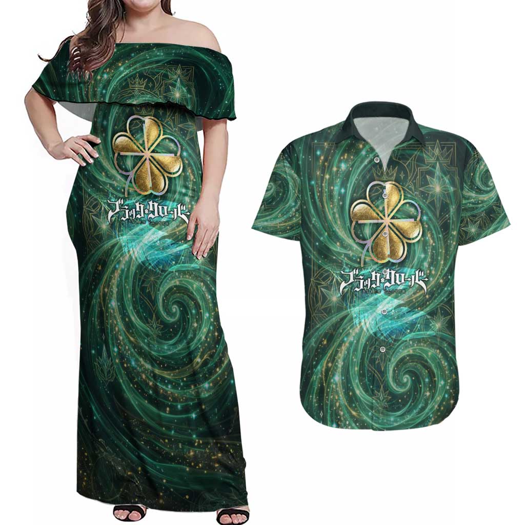 Yuno Black Clover Couples Matching Off Shoulder Maxi Dress and Hawaiian Shirt Magical Fantasy Style with Emerald Wind Swirls