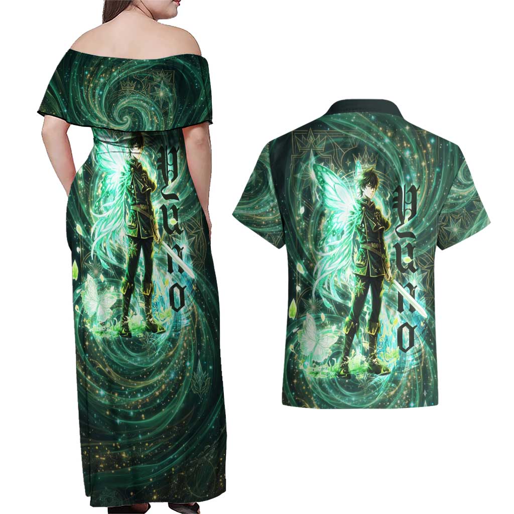 Yuno Black Clover Couples Matching Off Shoulder Maxi Dress and Hawaiian Shirt Magical Fantasy Style with Emerald Wind Swirls