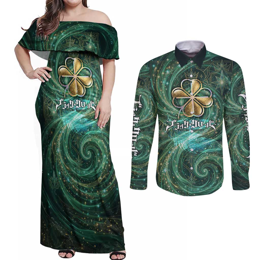 Yuno Black Clover Couples Matching Off Shoulder Maxi Dress and Long Sleeve Button Shirt Magical Fantasy Style with Emerald Wind Swirls