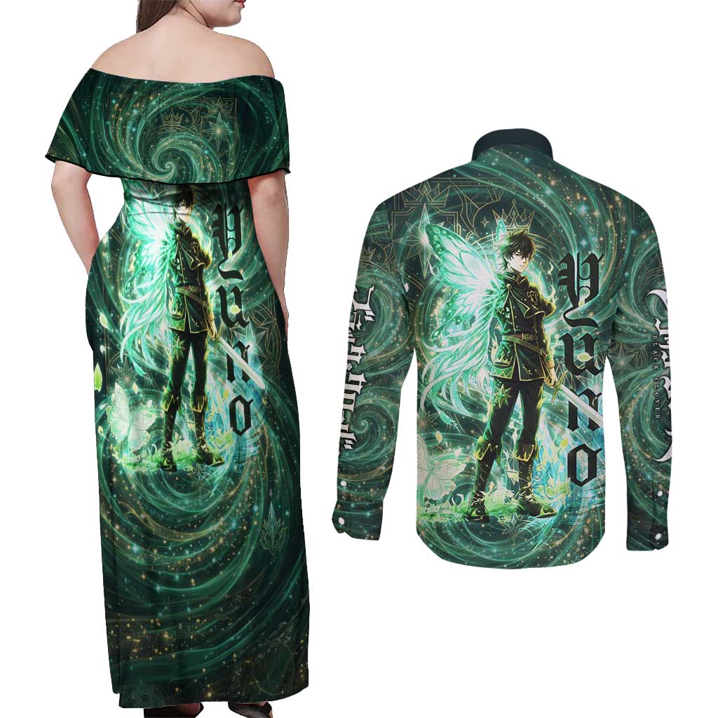 Yuno Black Clover Couples Matching Off Shoulder Maxi Dress and Long Sleeve Button Shirt Magical Fantasy Style with Emerald Wind Swirls