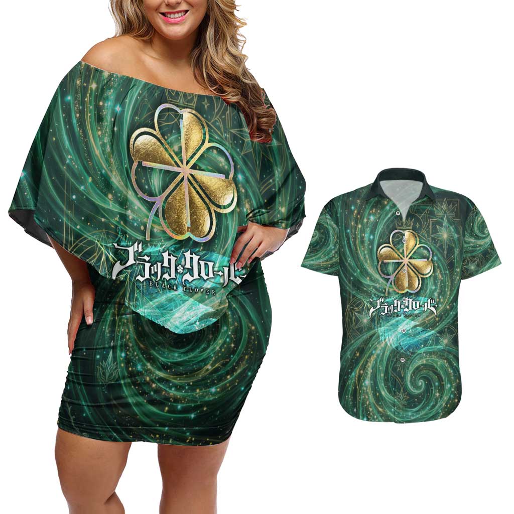 Yuno Black Clover Couples Matching Off Shoulder Short Dress and Hawaiian Shirt Magical Fantasy Style with Emerald Wind Swirls