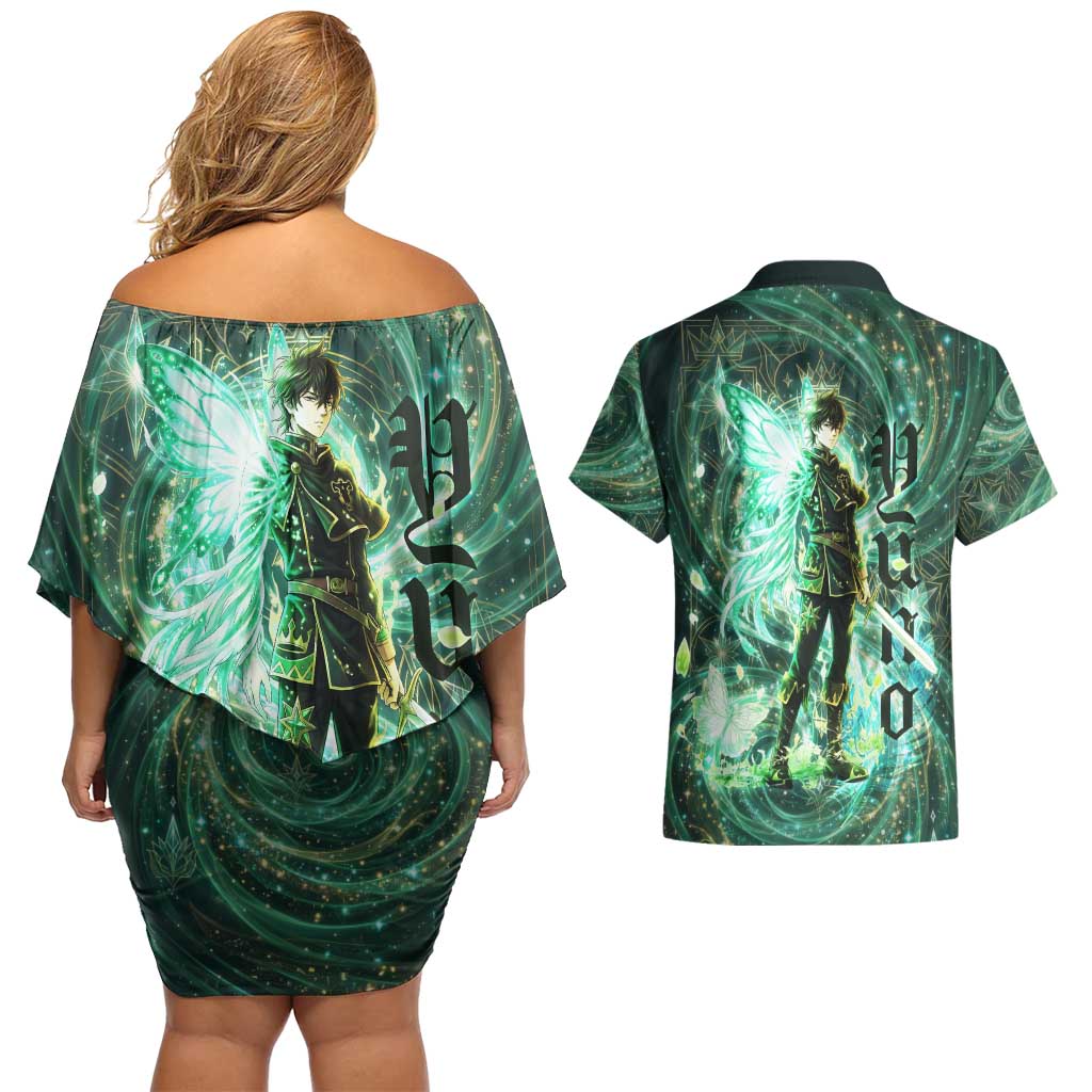 Yuno Black Clover Couples Matching Off Shoulder Short Dress and Hawaiian Shirt Magical Fantasy Style with Emerald Wind Swirls