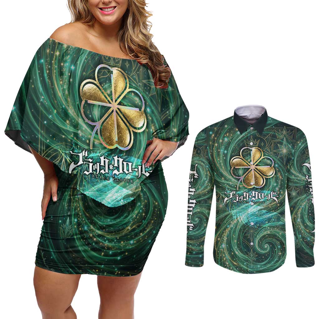 Yuno Black Clover Couples Matching Off Shoulder Short Dress and Long Sleeve Button Shirt Magical Fantasy Style with Emerald Wind Swirls