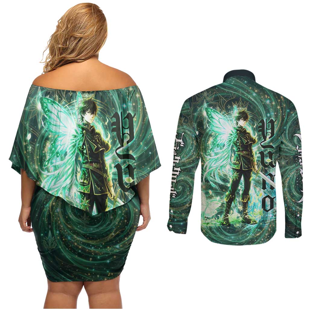 Yuno Black Clover Couples Matching Off Shoulder Short Dress and Long Sleeve Button Shirt Magical Fantasy Style with Emerald Wind Swirls