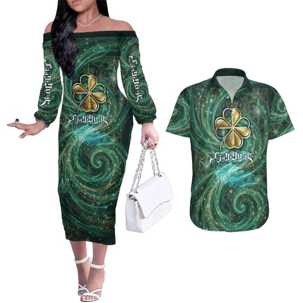 Yuno Black Clover Couples Matching Off The Shoulder Long Sleeve Dress and Hawaiian Shirt Magical Fantasy Style with Emerald Wind Swirls