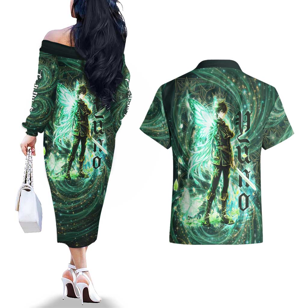 Yuno Black Clover Couples Matching Off The Shoulder Long Sleeve Dress and Hawaiian Shirt Magical Fantasy Style with Emerald Wind Swirls