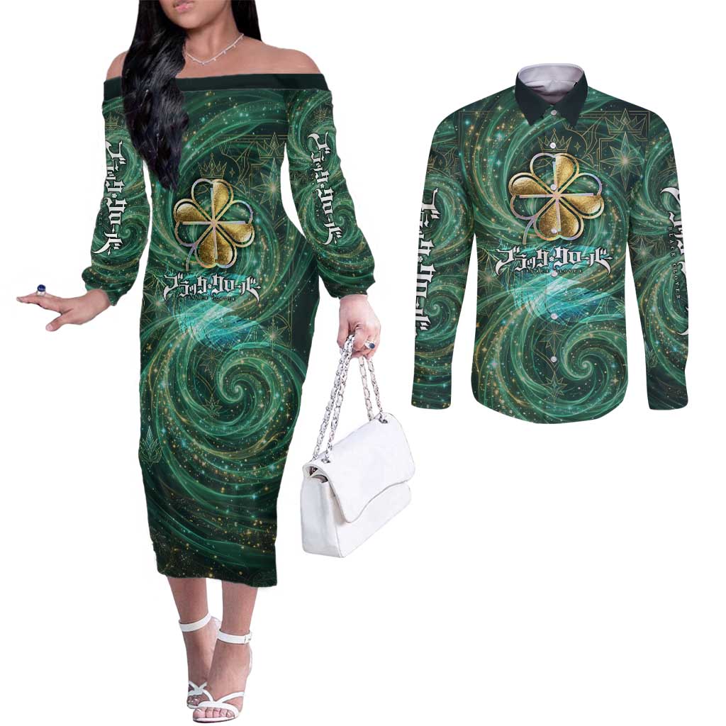 Yuno Black Clover Couples Matching Off The Shoulder Long Sleeve Dress and Long Sleeve Button Shirt Magical Fantasy Style with Emerald Wind Swirls
