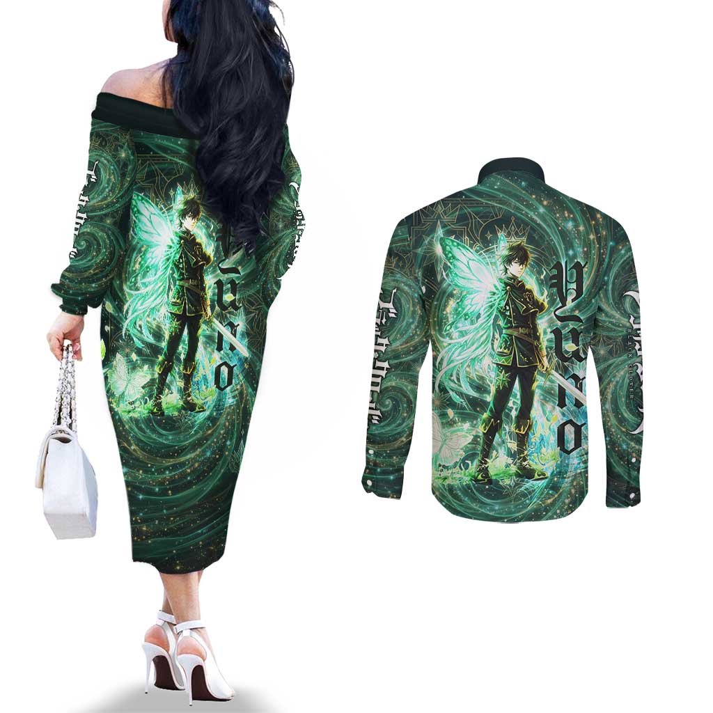 Yuno Black Clover Couples Matching Off The Shoulder Long Sleeve Dress and Long Sleeve Button Shirt Magical Fantasy Style with Emerald Wind Swirls