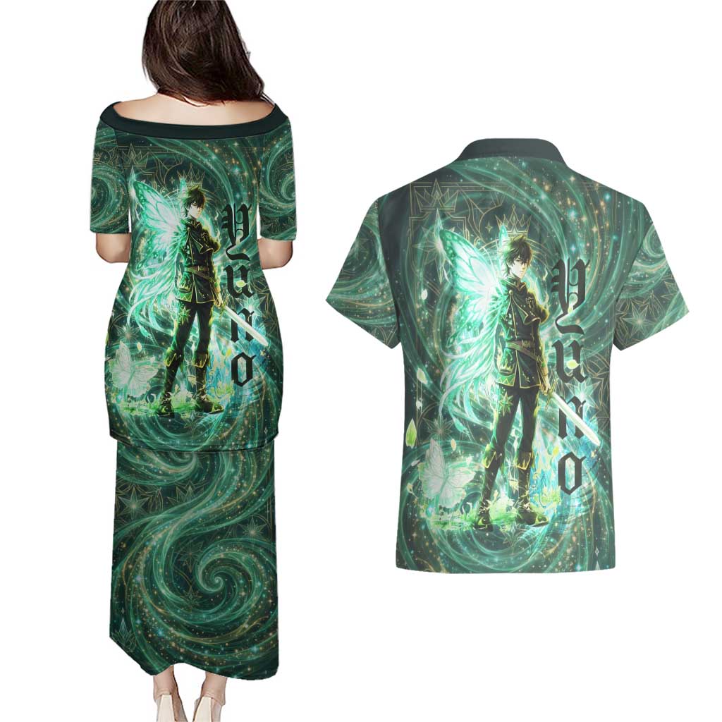 Yuno Black Clover Couples Matching Puletasi and Hawaiian Shirt Magical Fantasy Style with Emerald Wind Swirls