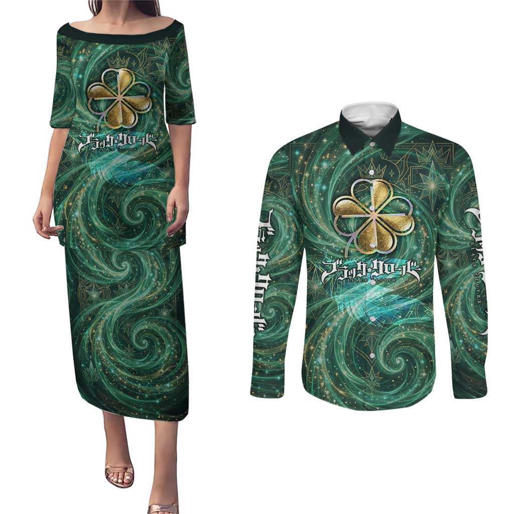 Yuno Black Clover Couples Matching Puletasi and Long Sleeve Button Shirt Magical Fantasy Style with Emerald Wind Swirls