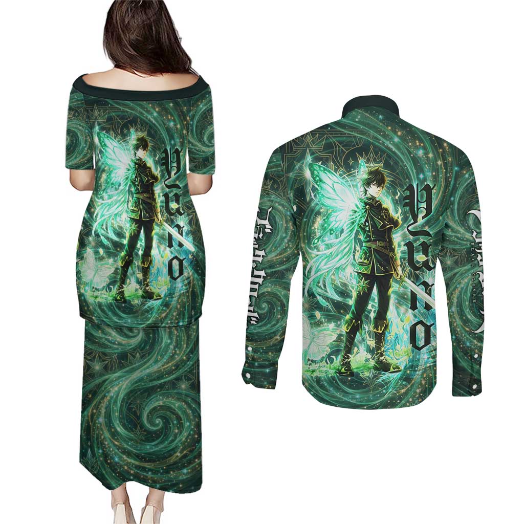 Yuno Black Clover Couples Matching Puletasi and Long Sleeve Button Shirt Magical Fantasy Style with Emerald Wind Swirls
