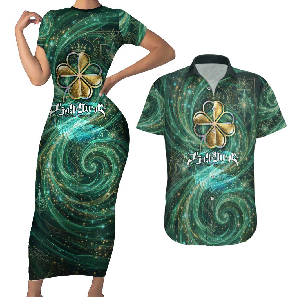 Yuno Black Clover Couples Matching Short Sleeve Bodycon Dress and Hawaiian Shirt Magical Fantasy Style with Emerald Wind Swirls