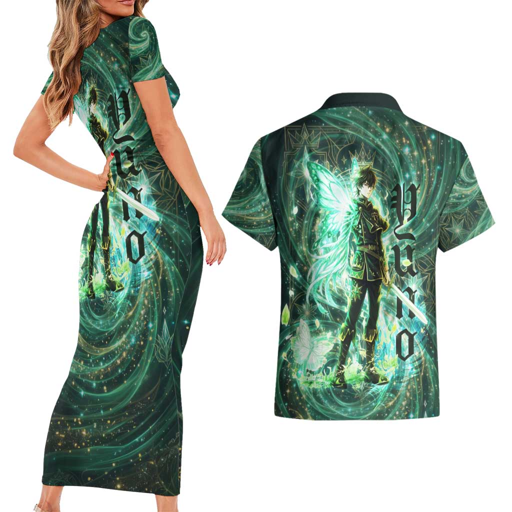 Yuno Black Clover Couples Matching Short Sleeve Bodycon Dress and Hawaiian Shirt Magical Fantasy Style with Emerald Wind Swirls