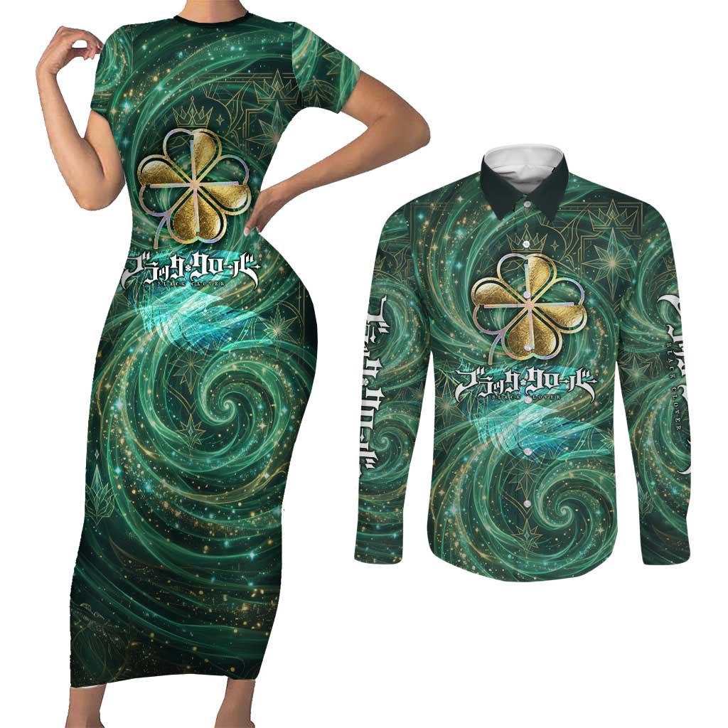 Yuno Black Clover Couples Matching Short Sleeve Bodycon Dress and Long Sleeve Button Shirt Magical Fantasy Style with Emerald Wind Swirls