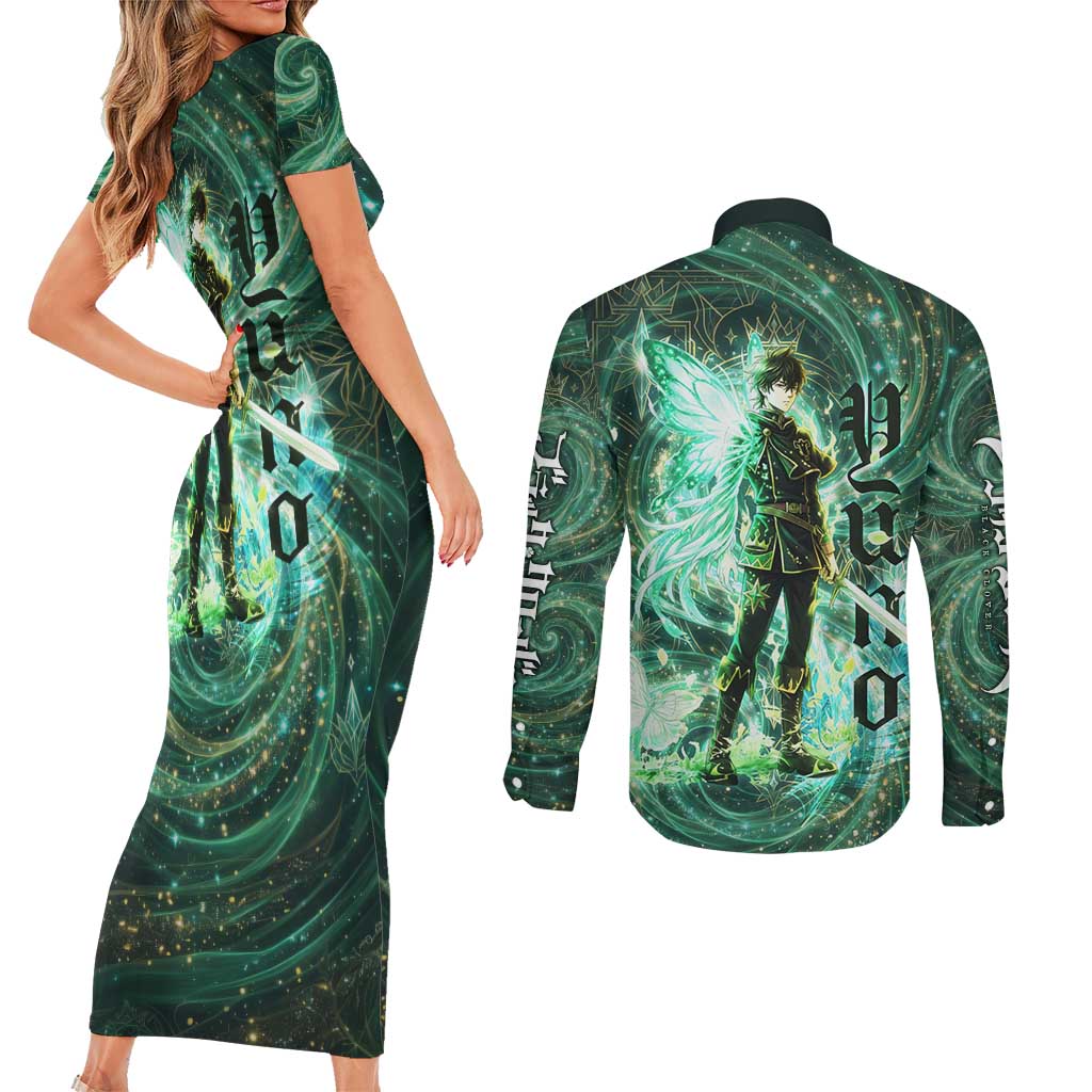 Yuno Black Clover Couples Matching Short Sleeve Bodycon Dress and Long Sleeve Button Shirt Magical Fantasy Style with Emerald Wind Swirls