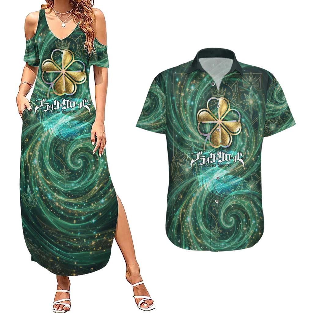 Yuno Black Clover Couples Matching Summer Maxi Dress and Hawaiian Shirt Magical Fantasy Style with Emerald Wind Swirls