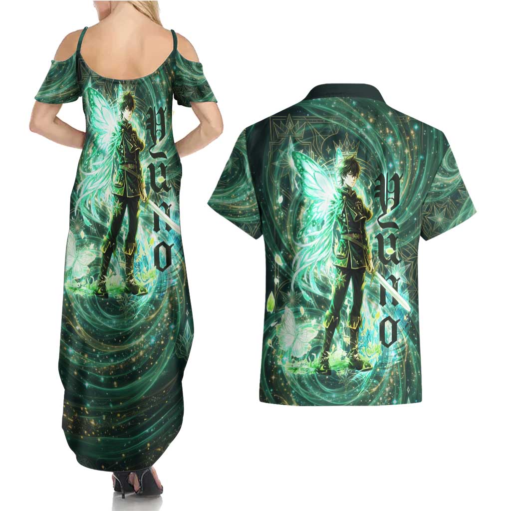 Yuno Black Clover Couples Matching Summer Maxi Dress and Hawaiian Shirt Magical Fantasy Style with Emerald Wind Swirls