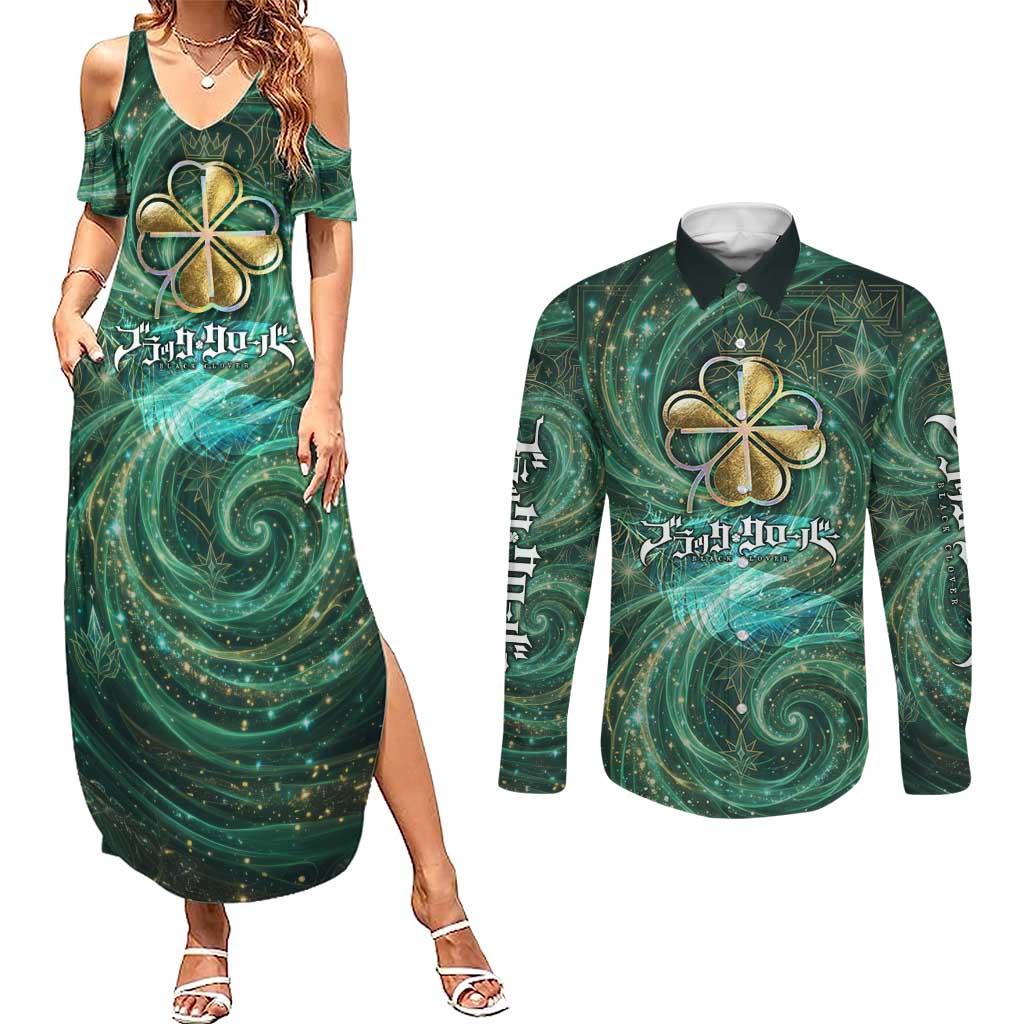 Yuno Black Clover Couples Matching Summer Maxi Dress and Long Sleeve Button Shirt Magical Fantasy Style with Emerald Wind Swirls