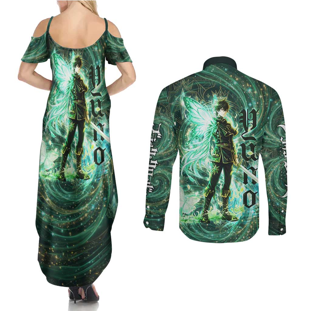 Yuno Black Clover Couples Matching Summer Maxi Dress and Long Sleeve Button Shirt Magical Fantasy Style with Emerald Wind Swirls