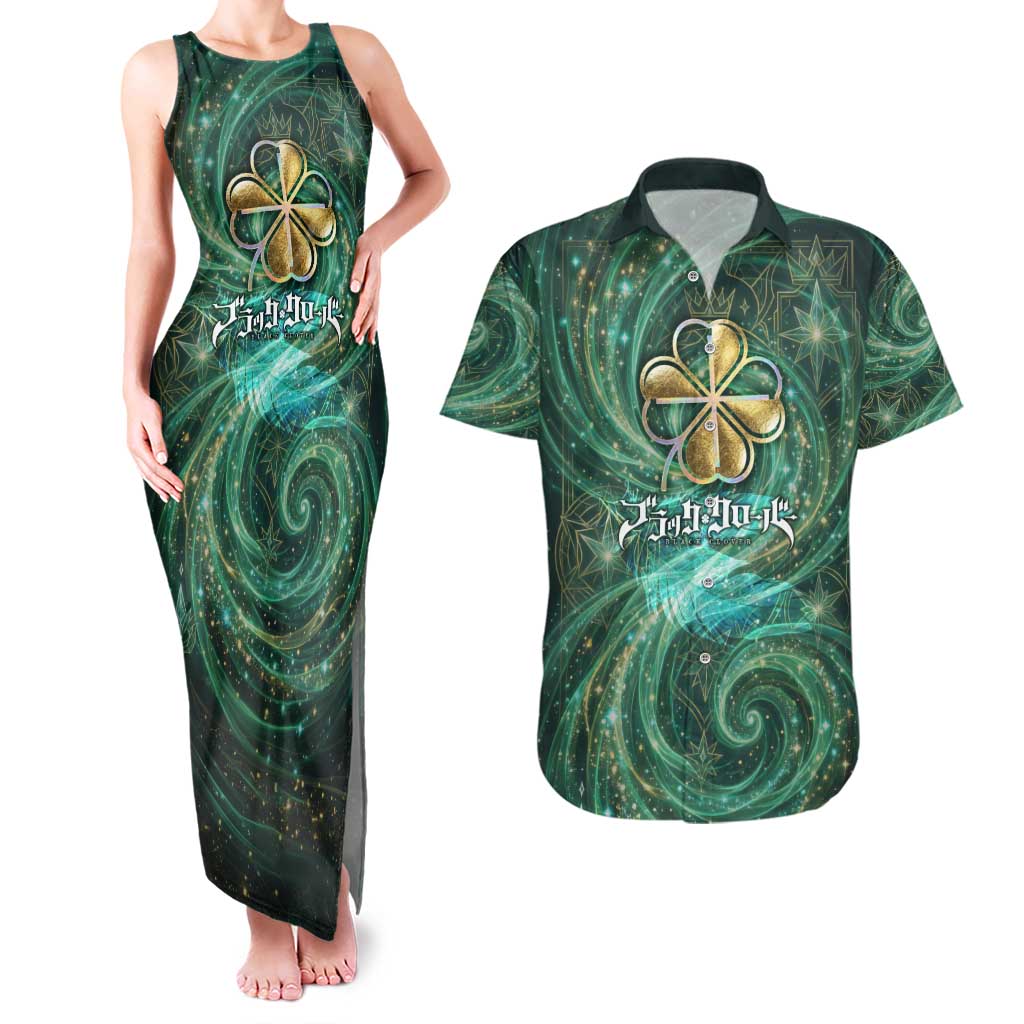 Yuno Black Clover Couples Matching Tank Maxi Dress and Hawaiian Shirt Magical Fantasy Style with Emerald Wind Swirls