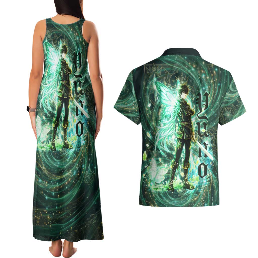 Yuno Black Clover Couples Matching Tank Maxi Dress and Hawaiian Shirt Magical Fantasy Style with Emerald Wind Swirls