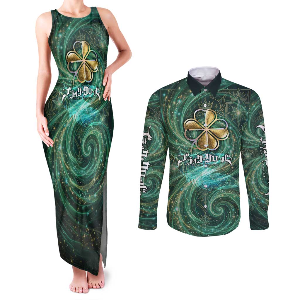 Yuno Black Clover Couples Matching Tank Maxi Dress and Long Sleeve Button Shirt Magical Fantasy Style with Emerald Wind Swirls