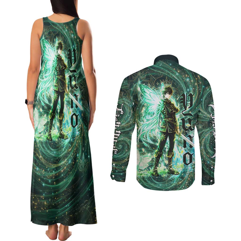 Yuno Black Clover Couples Matching Tank Maxi Dress and Long Sleeve Button Shirt Magical Fantasy Style with Emerald Wind Swirls