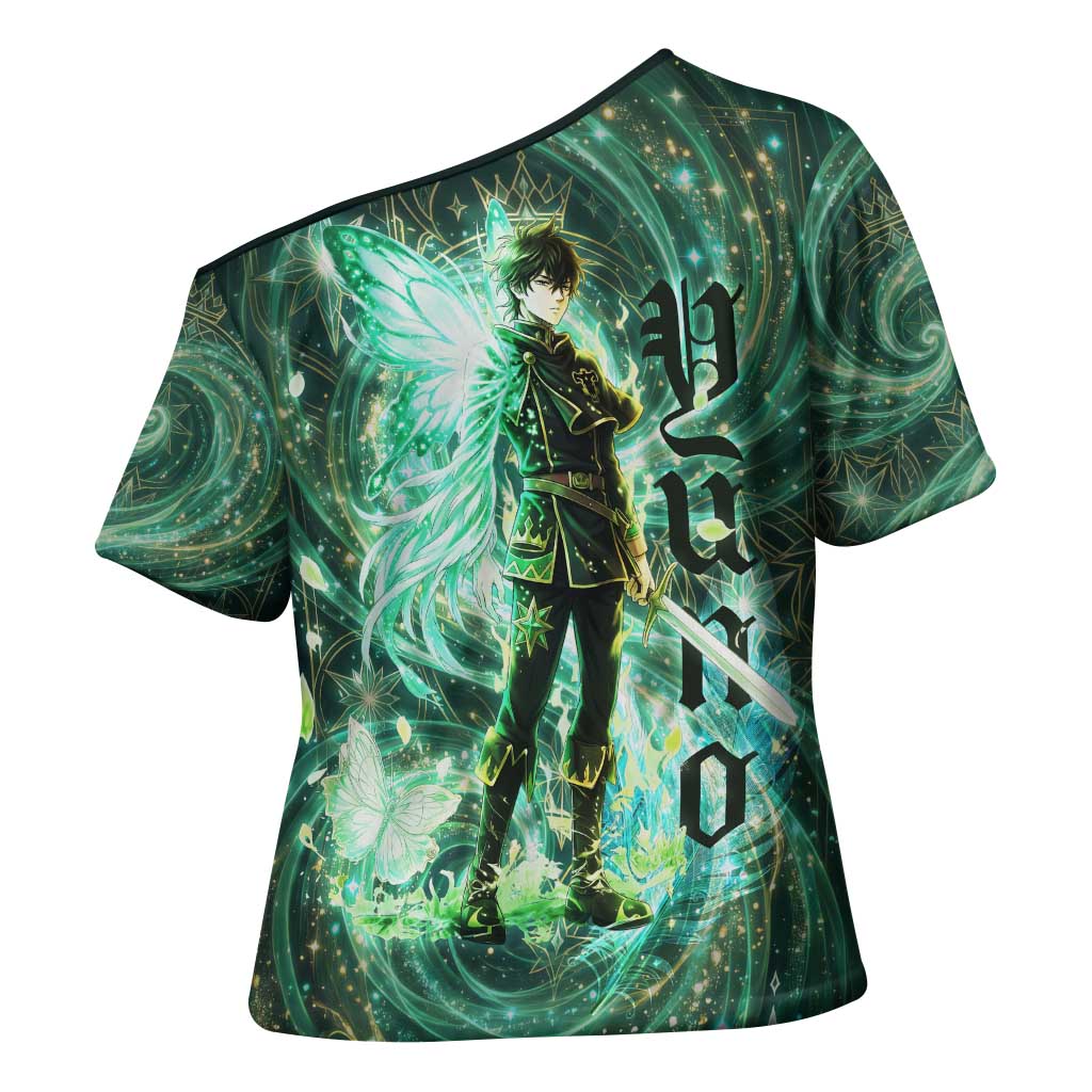Yuno Black Clover Cross Shoulder Shirt Magical Fantasy Style with Emerald Wind Swirls