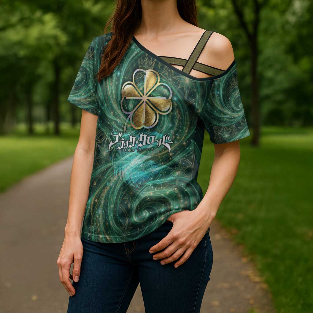 Yuno Black Clover Cross Shoulder Shirt Magical Fantasy Style with Emerald Wind Swirls