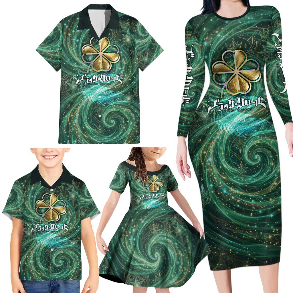 Yuno Black Clover Family Matching Long Sleeve Bodycon Dress and Hawaiian Shirt Magical Fantasy Style with Emerald Wind Swirls