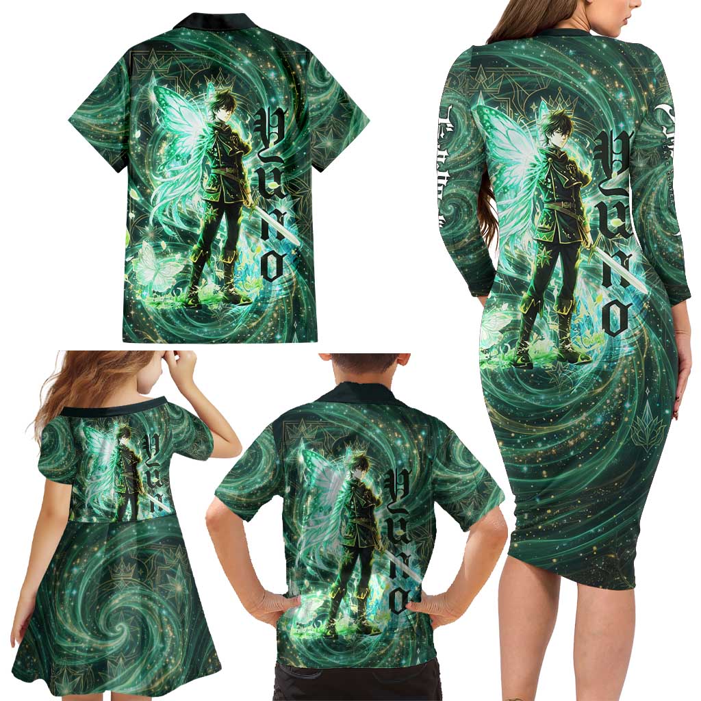 Yuno Black Clover Family Matching Long Sleeve Bodycon Dress and Hawaiian Shirt Magical Fantasy Style with Emerald Wind Swirls