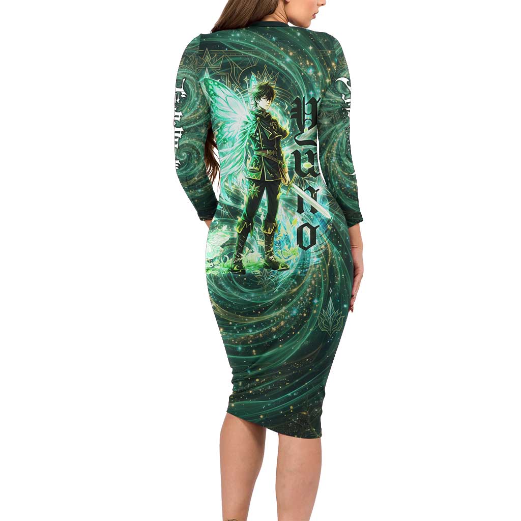 Yuno Black Clover Family Matching Long Sleeve Bodycon Dress and Hawaiian Shirt Magical Fantasy Style with Emerald Wind Swirls