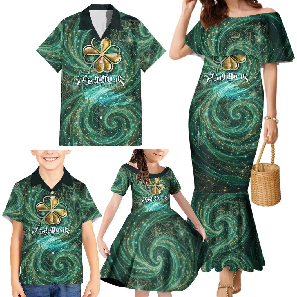 Yuno Black Clover Family Matching Mermaid Dress and Hawaiian Shirt Magical Fantasy Style with Emerald Wind Swirls