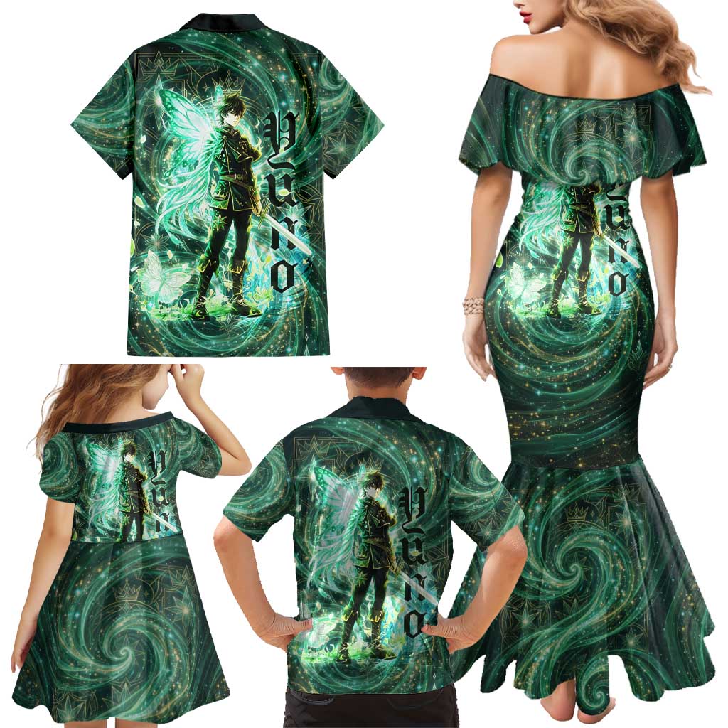 Yuno Black Clover Family Matching Mermaid Dress and Hawaiian Shirt Magical Fantasy Style with Emerald Wind Swirls