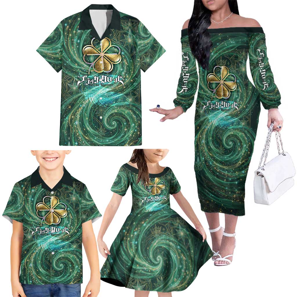 Yuno Black Clover Family Matching Off The Shoulder Long Sleeve Dress and Hawaiian Shirt Magical Fantasy Style with Emerald Wind Swirls
