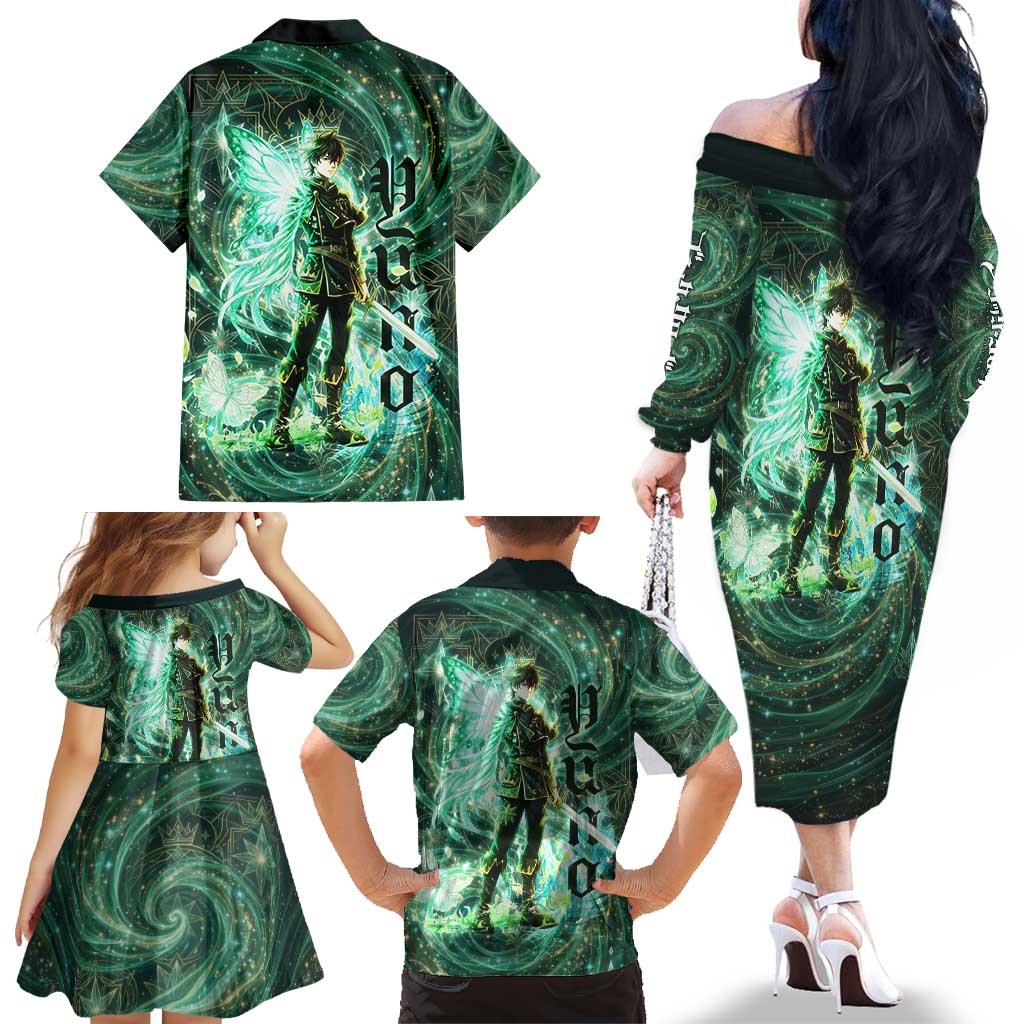 Yuno Black Clover Family Matching Off The Shoulder Long Sleeve Dress and Hawaiian Shirt Magical Fantasy Style with Emerald Wind Swirls