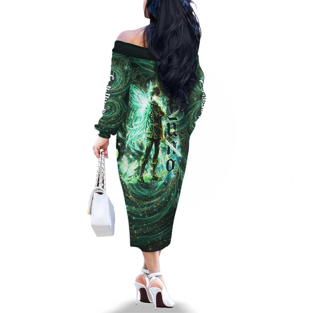 Yuno Black Clover Family Matching Off The Shoulder Long Sleeve Dress and Hawaiian Shirt Magical Fantasy Style with Emerald Wind Swirls