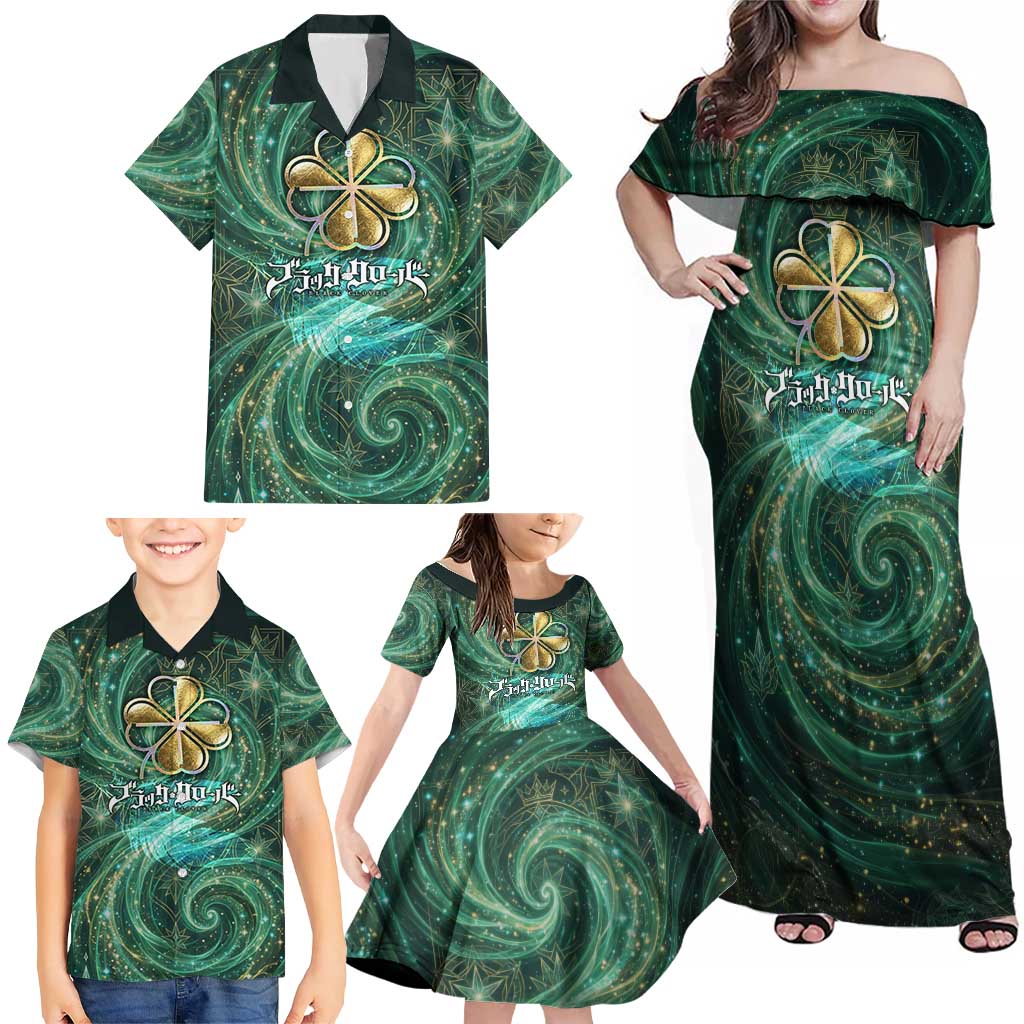 Yuno Black Clover Family Matching Off Shoulder Maxi Dress and Hawaiian Shirt Magical Fantasy Style with Emerald Wind Swirls