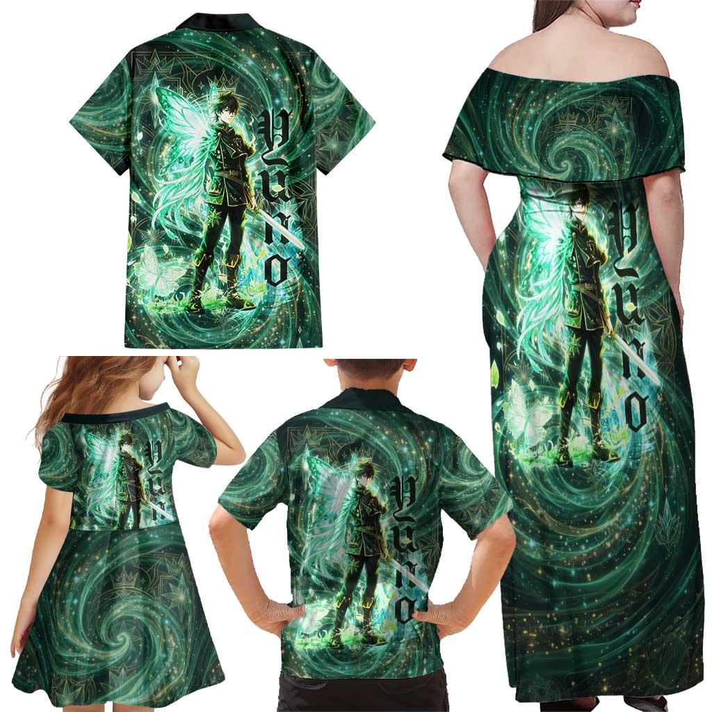 Yuno Black Clover Family Matching Off Shoulder Maxi Dress and Hawaiian Shirt Magical Fantasy Style with Emerald Wind Swirls