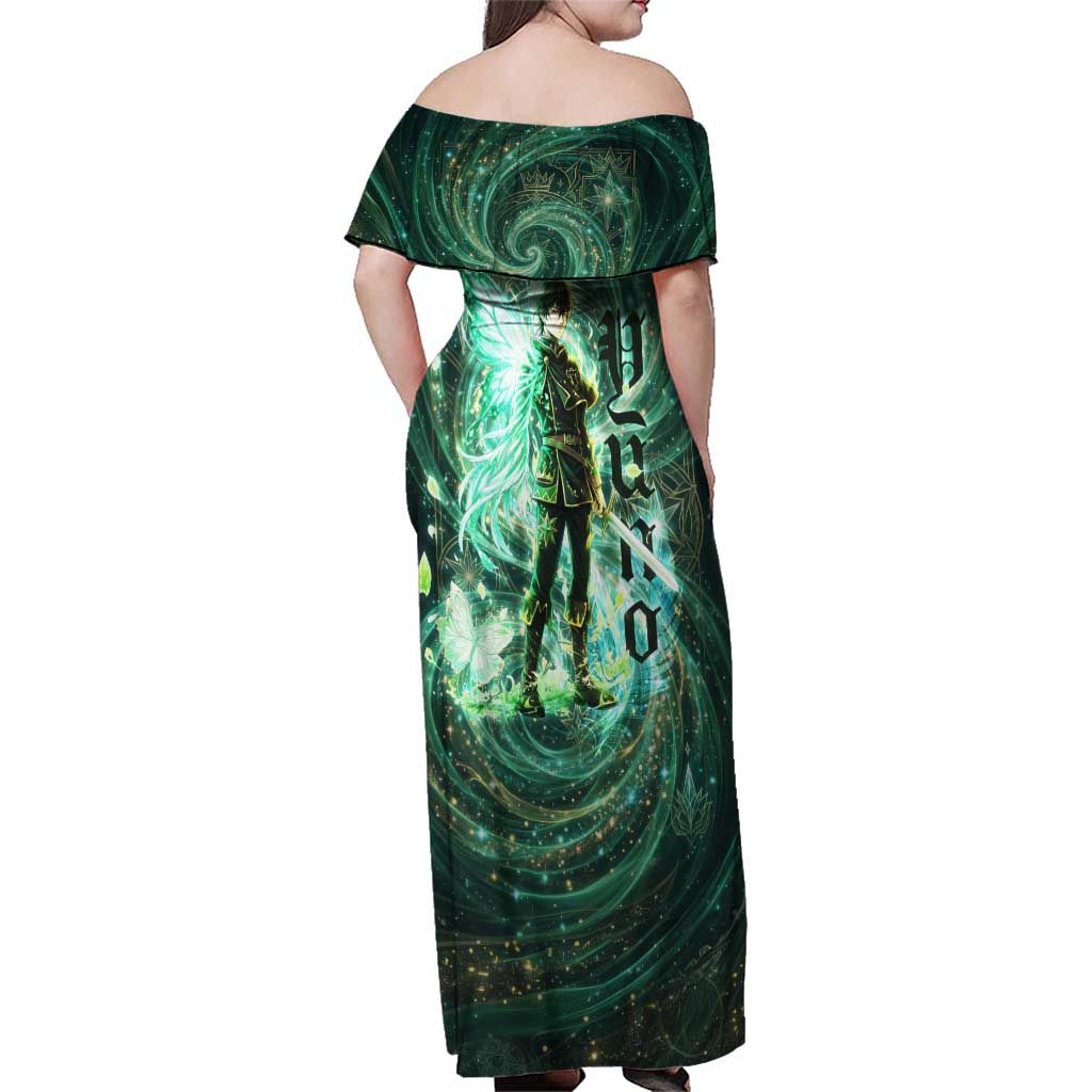 Yuno Black Clover Family Matching Off Shoulder Maxi Dress and Hawaiian Shirt Magical Fantasy Style with Emerald Wind Swirls