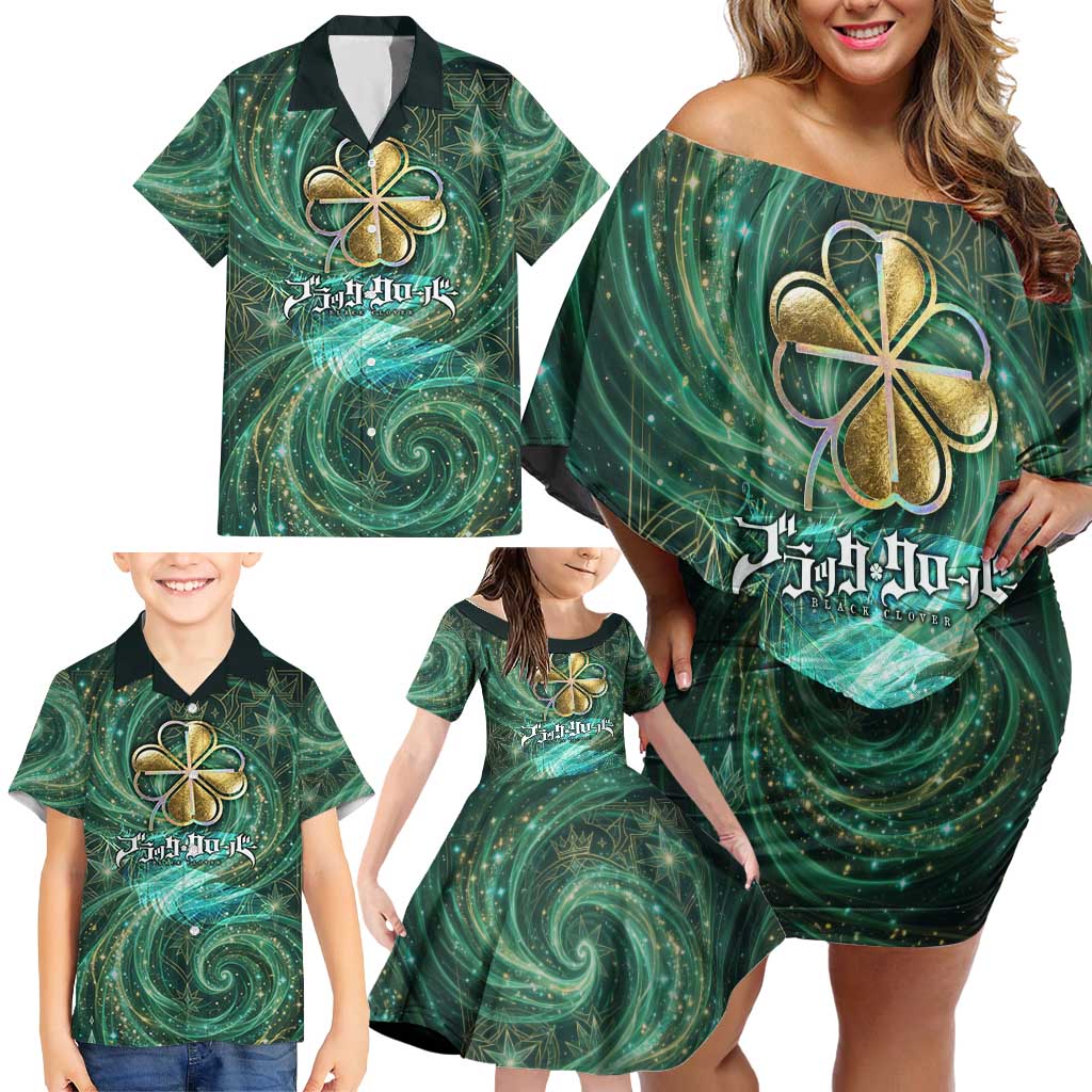 Yuno Black Clover Family Matching Off Shoulder Short Dress and Hawaiian Shirt Magical Fantasy Style with Emerald Wind Swirls