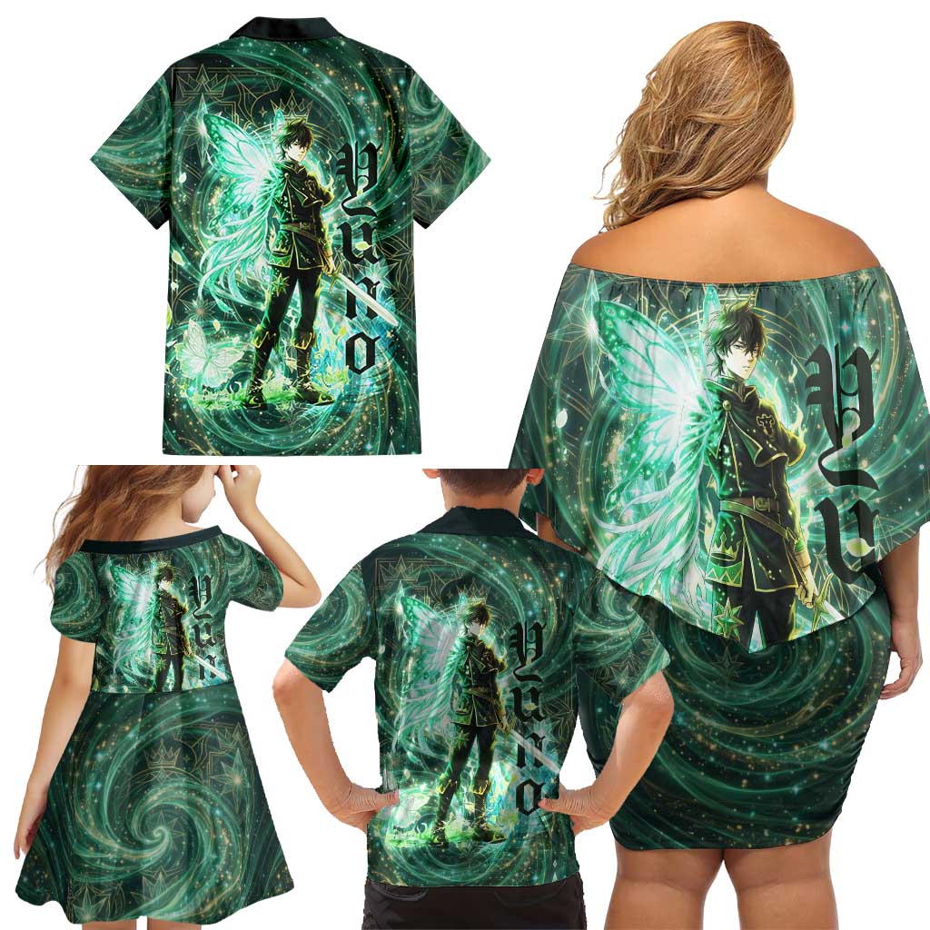 Yuno Black Clover Family Matching Off Shoulder Short Dress and Hawaiian Shirt Magical Fantasy Style with Emerald Wind Swirls