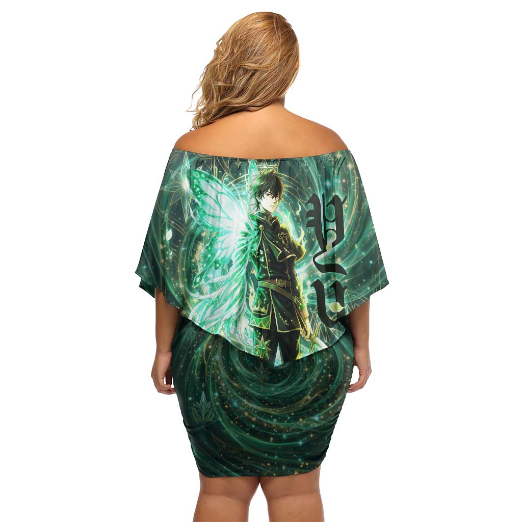 Yuno Black Clover Family Matching Off Shoulder Short Dress and Hawaiian Shirt Magical Fantasy Style with Emerald Wind Swirls