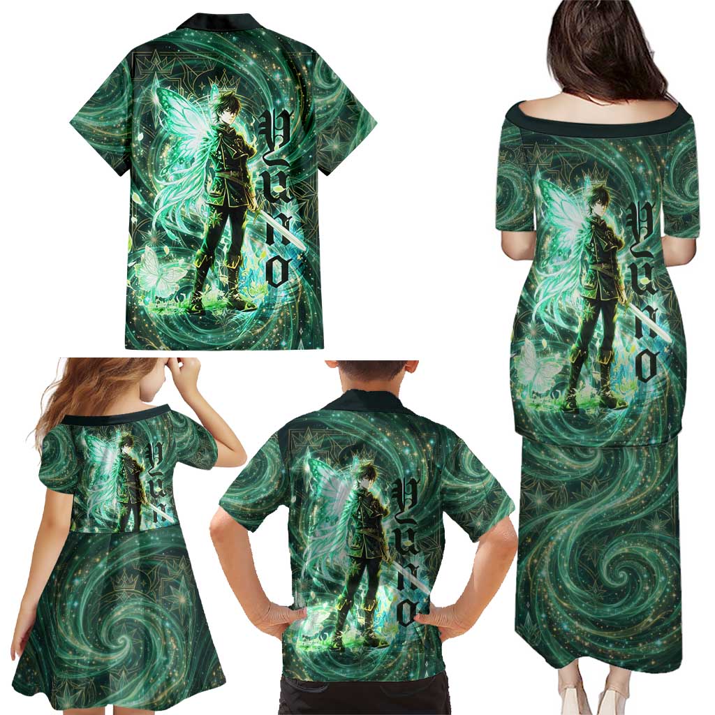 Yuno Black Clover Family Matching Puletasi and Hawaiian Shirt Magical Fantasy Style with Emerald Wind Swirls